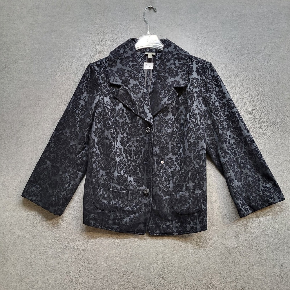 J Jill Women Jacket 18W Black Velvet Domask Jacquard Blazer Button Front READ